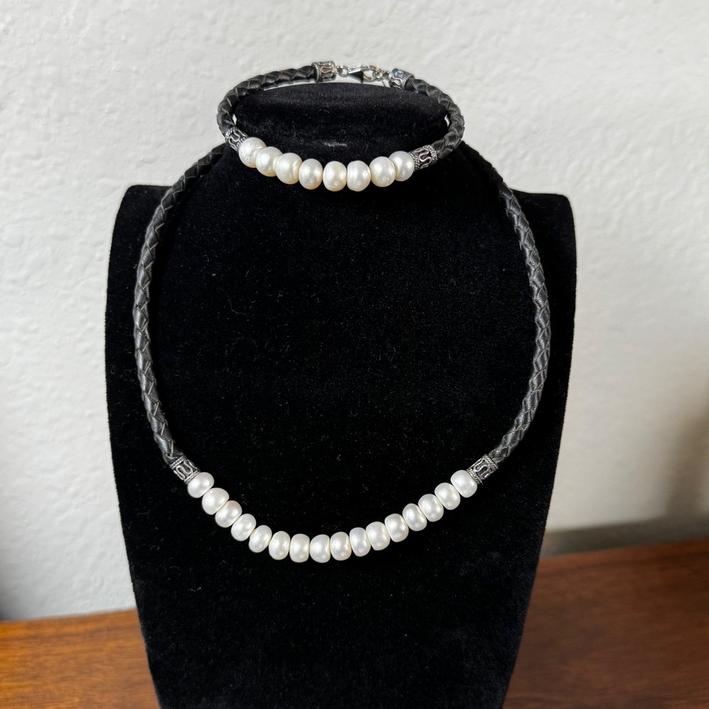 WJ Sterling Silver 925 Braided Black Leather Pearl Necklace Bracelet Jewelry Set